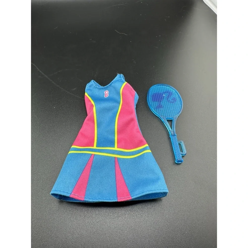 Vtg Mattel BARBIE Doll Blue  Pink Yellow Sleeveless Mini Tennis Dress And Racket